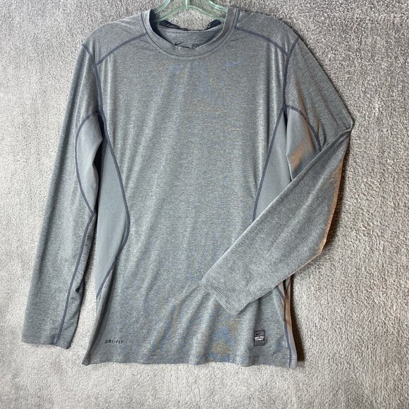 Nike Dri-Fit T-Shirt Mens Small  Gray Pro Combat Mesh Side Logo Long Sleeve Crew - Picture 1 of 12